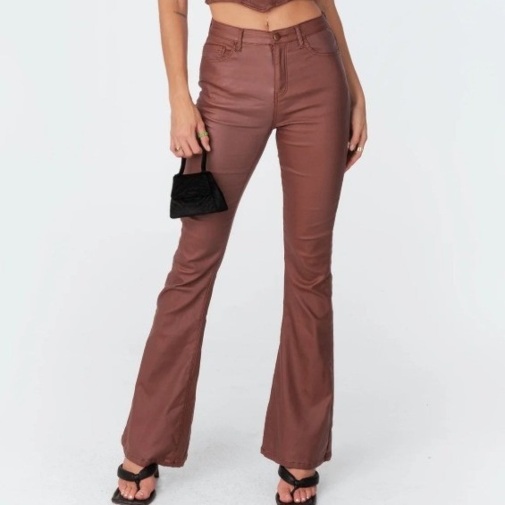 Edikted Luna Faux Leather Flared Jeans Small Brown Retro Fall